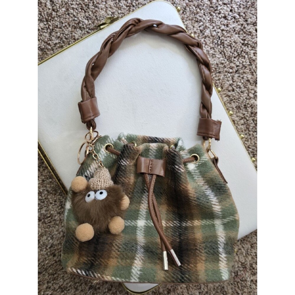 Green Brown Plaid Drawstring Bucket Bag Braided Strap Top Handle Charm Gold